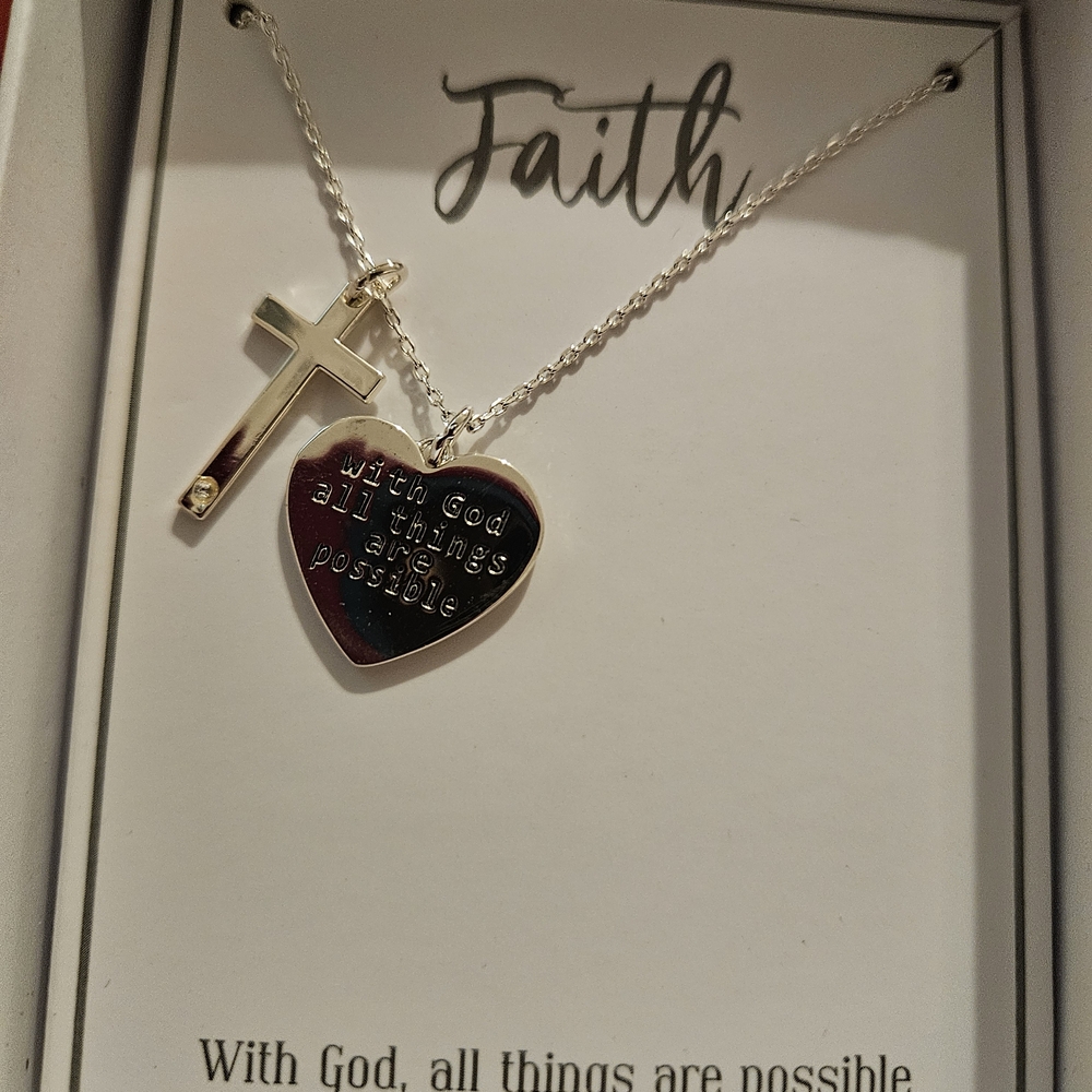 Silver Necklace with Heart & Cross Pendant With God All Things Are Possible NEW